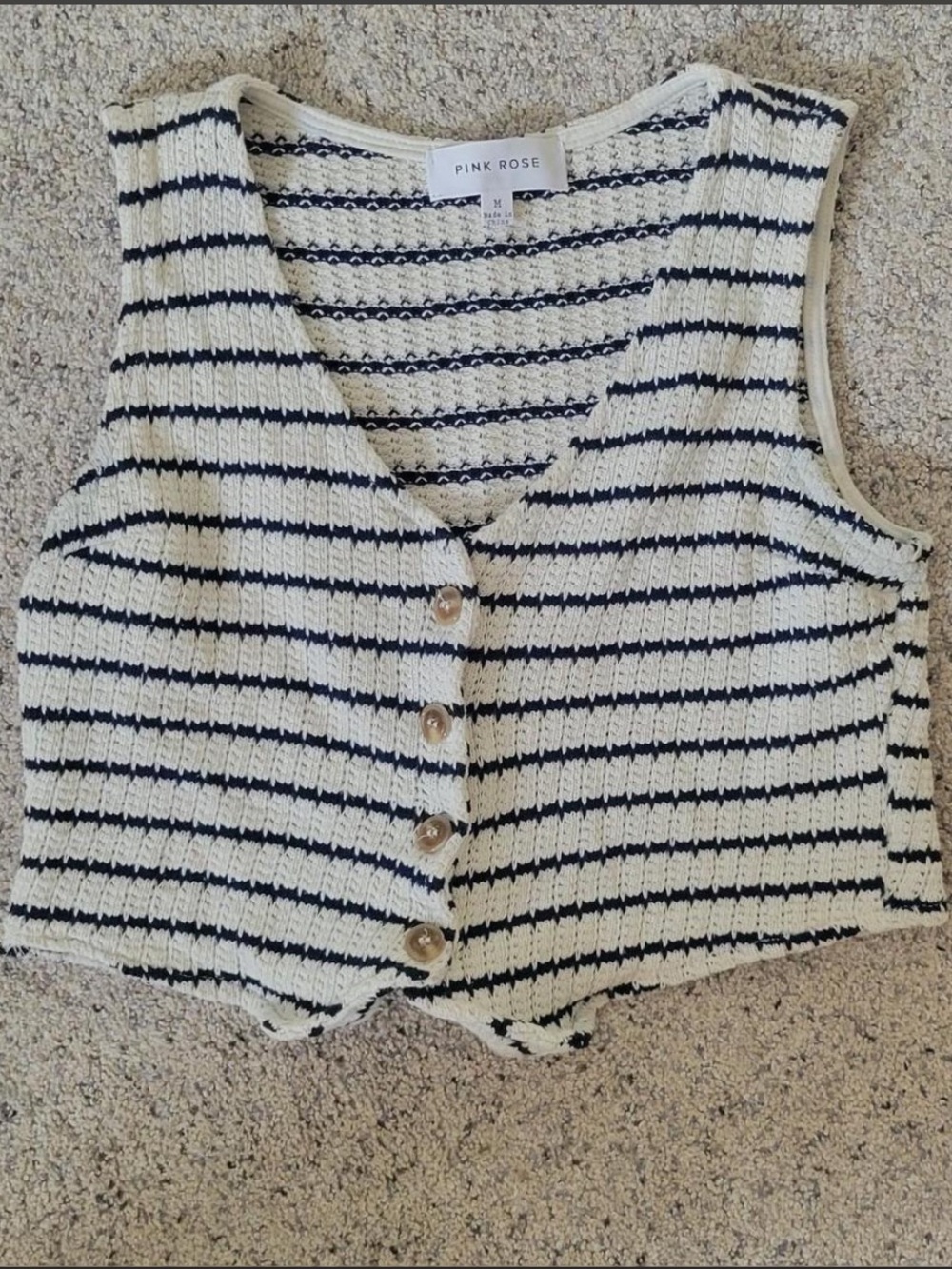 Pink Rose Striped V-Neck Knit Button Front Vest in Cream and Black